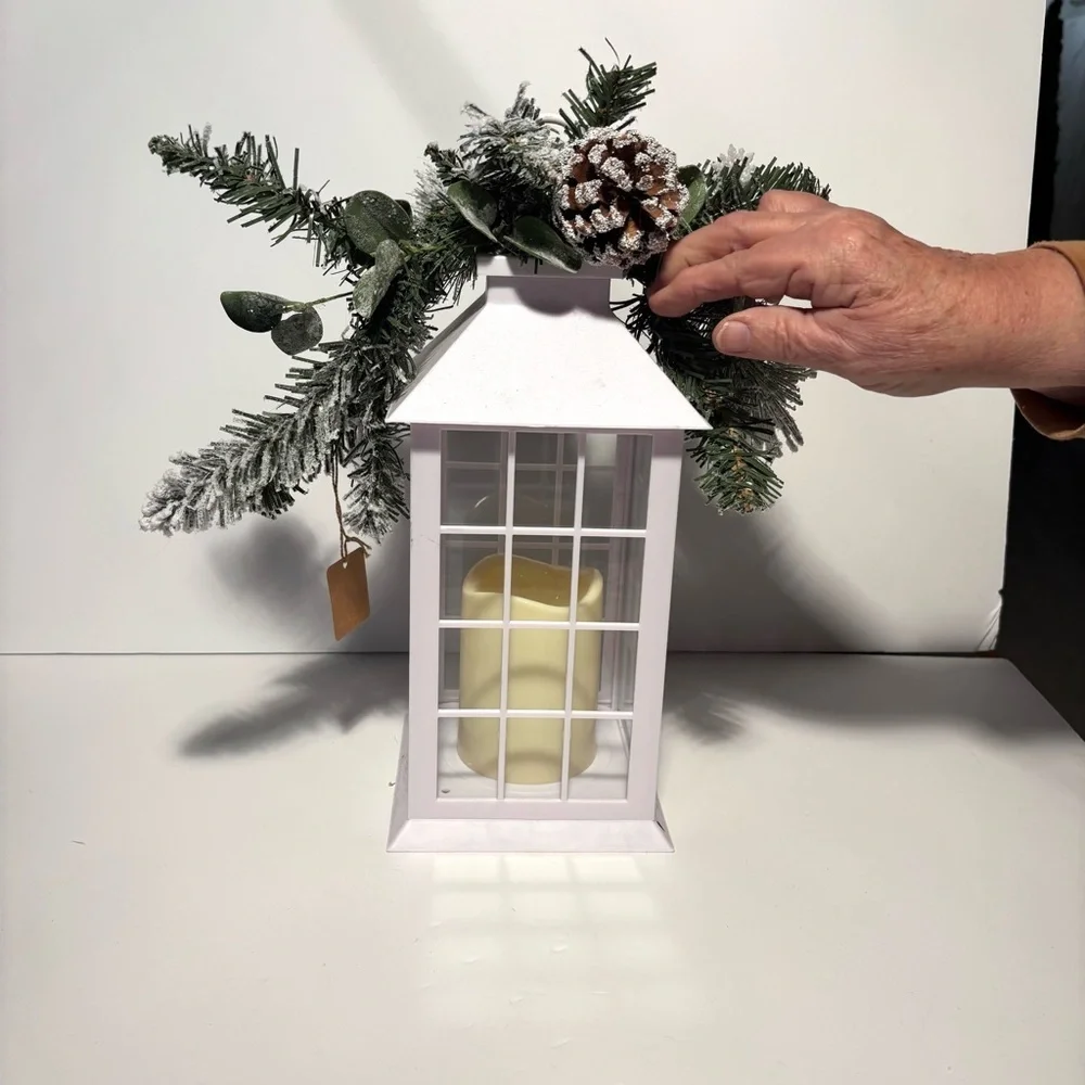 White Battery-Operated Lantern w/ Frosted Greenery – 14” x 6” New